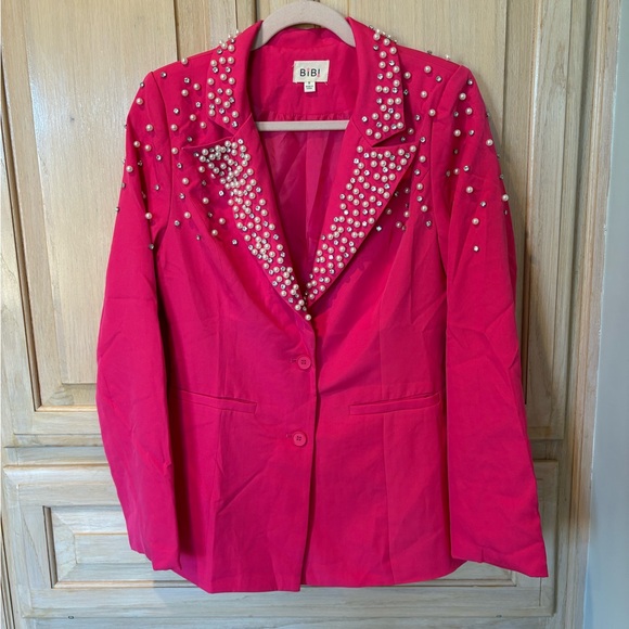 BiBi Jackets & Blazers - BiBi Women's Fuchsia Blazer with Pearl Accents